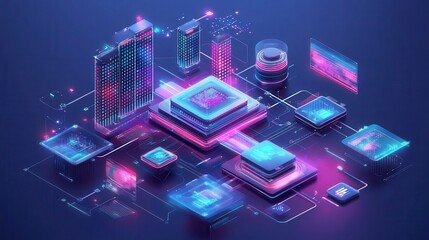 Futuristic city skyline with digital technology infrastructure.