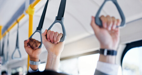 People, hands and bus handrail with travel for morning commute, safety grip and ride stability. Closeup, passenger and handle on public transport for trip security, shuttle balance or journey © WesleyStudy/peopleimages.com