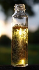 Clear glass bottle with amber liquid