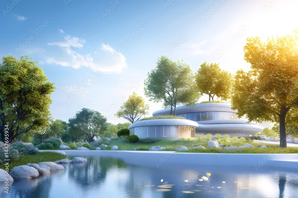 Poster 美しい風景に佇む未来的なデザインの建物 太陽の光が降り注ぐ青空と緑豊かな自然の調和