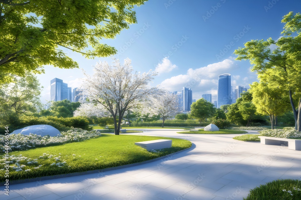 Poster 緑豊かな公園の風景 青空の下 鮮やかな緑と白い花のコントラスト 都市の背景と明るい太陽光