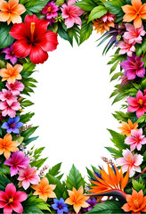 Fototapeta premium Vibrant Tropical Flower Frame PNG on Transparent Background for Summer Invitation Designs, tropical flower art, floral border illustration, tropical leaves and flowers