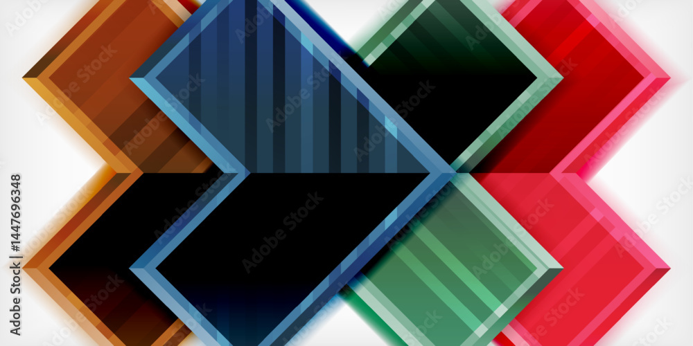 Poster abstract geometric design. overlapping squares create cross shape, vibrant colors, dark background. 