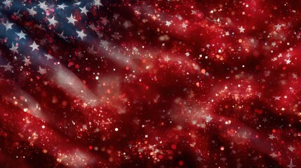American flag with stars and stripes covered in red sparkles and glitter texture, ideal for patriotic visuals, Independence Day designs and national holiday celebration themes