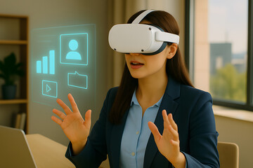 Businesswoman using VR headset in office interacting with virtual data and analytics interface
