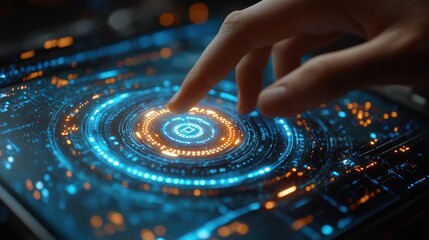 Hand touches glowing interface with circular patterns on a dark surface.