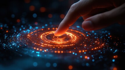 Finger touches glowing orange and blue digital interface with circular pattern.