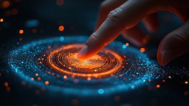 Finger touching a glowing circular interface with blue and orange light effects.