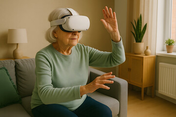 Senior woman using VR headset at home interacting with virtual reality experience in cozy living room