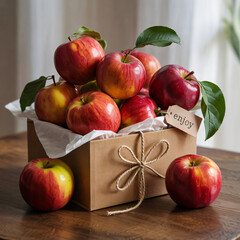 Photograph: Kraft gift box overflowing with vibrant Fuji apples. Artfully arranged with an "Enjoy" tag.