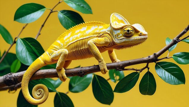 Vibrant yellow chameleon perched among green leaves