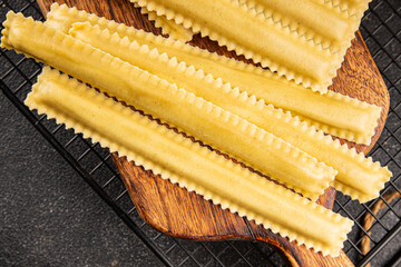 Parpadelle stuffing mushrooms pasta dish vegetables fresh delicious gourmet food background on...