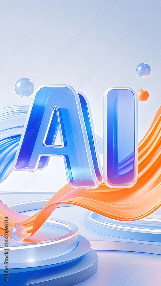 Poster 3D Rendering Of AI Letters With Blue And Orange Abstract Background Elements