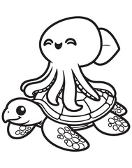 Coloring book octopus riding a sea turtle with a happy smile