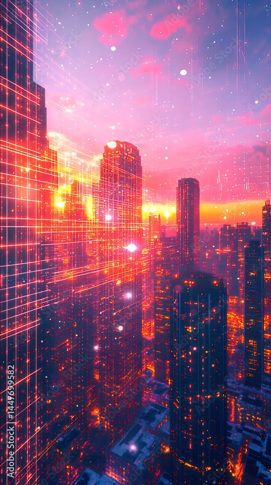 Aufkleber デジタル未来都市の夜景 高層ビル群が赤とオレンジの光に包まれ夜空に星が輝く光景