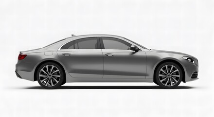 Elegant side profile view of a modern, metallic silver sedan car, showcasing its sleek lines and contemporary four-door design. 
