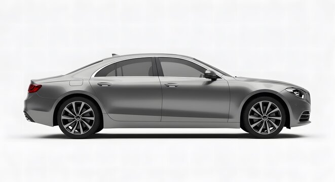 Elegant side profile view of a modern, metallic silver sedan car, showcasing its sleek lines and contemporary four-door design. 
