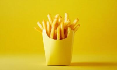 Crispy Golden French Fries in Yellow Container on Bright Yellow Background