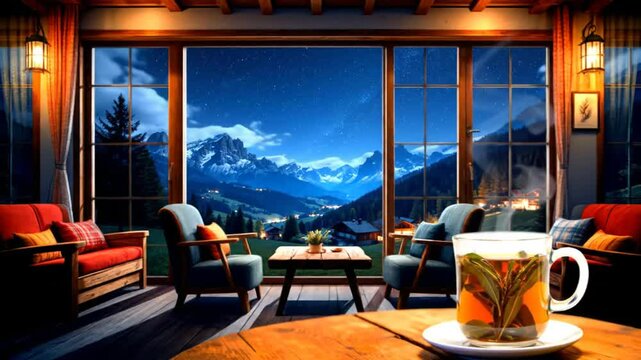 Una serena vista a la monta&ntilde;a se despliega a trav&eacute;s de los grandes ventanales de la cafeter&iacute;a, mostrando imponentes picos bajo un cielo estrellado mientras las suaves nubes se deslizan.