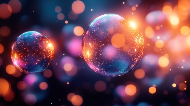 Two glowing orbs with colorful bokeh lights floating in a dark space.