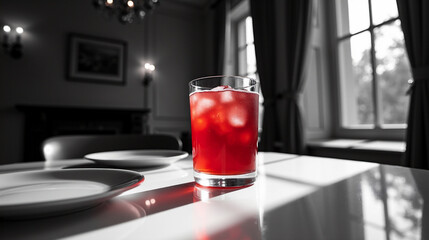 Elegant dining room captured in monochrome highlights vibrant pomegranate juice on a table