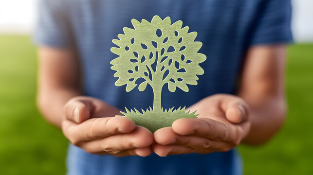 Hands Holding a Green Paper Cutout of a Tree &ndash; Eco Concept