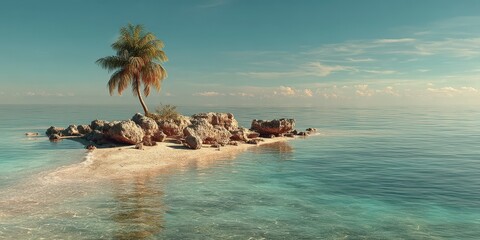 View of a serene tropical island with a lone palm tree and clear blue waters on a sunny day