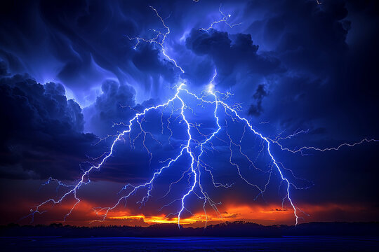Majestic spectacle of lightning storm showcases awe inspiring grandeur and dynamic forces of electrifying weather events, as thunderclouds materialize in ethereal dance of atmospheric dynamics and met