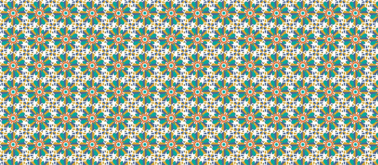 Moroccan Symmetrical Geometric Mosaic Pattern in Floral Starburst Motifs with Burnt Orange Accents, Decorative Tile , Textile Design on White