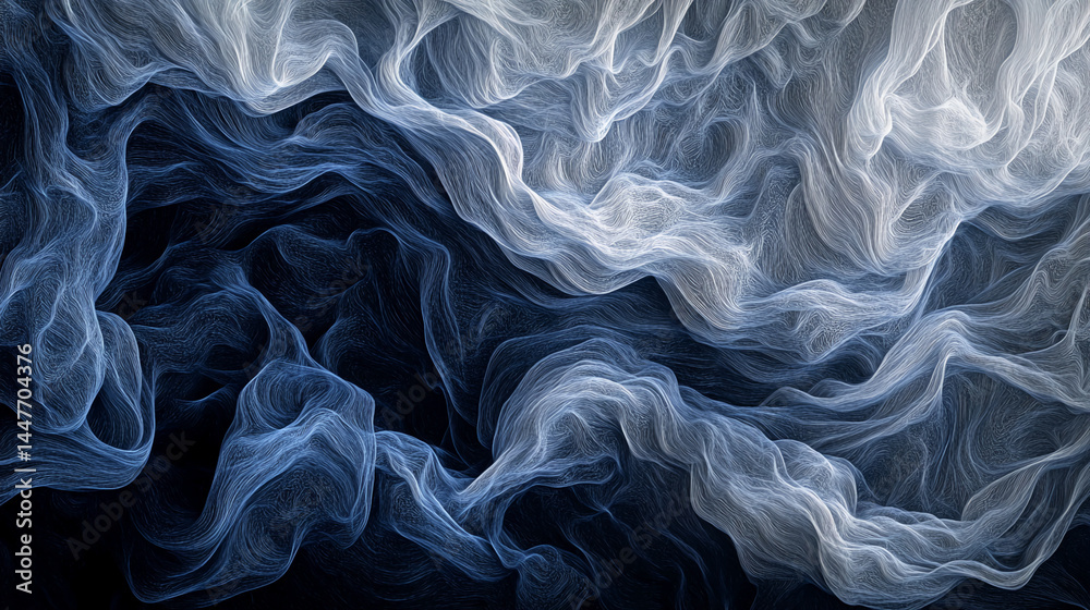 Poster abstract image of flowing, translucent fabric in shades of blue and white, creating a dynamic and et
