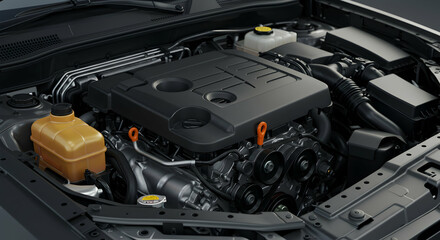 Fototapeta premium Modern Car Engine Compartment with High-Performance Technology