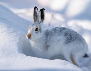 Obraz premium Mountain hare emerging from snow burrow in winter landscape