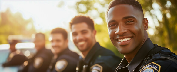 Group of police officers smiling outdoors in bright sunlight