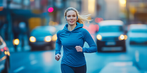 Young woman running in city with headphones and energetic expression