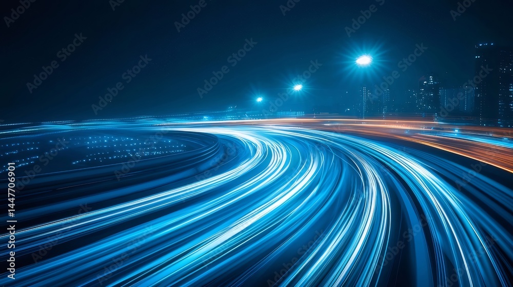 Poster 夜空の下の光の軌跡が輝く都市の抽象的な高速道路のシーン 青色とオレンジ色のライトが未来的な技術の概念を表す