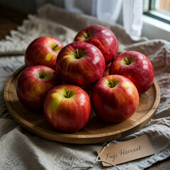 Vibrant Fuji apples artfully arranged on a rustic wooden plate. Soft light highlights freshness. 