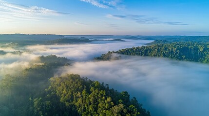 Aerial View of Foggy Forest at Sunrise