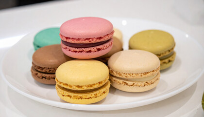 Fototapeta premium Colorful Macarons on a Plate in a Bright Setting