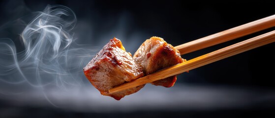 Juicy, steaming grilled meat is held by chopsticks against a dark background, showcasing its delicious texture and aroma.