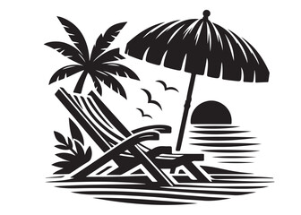 beach chair vector silhouette illustration logo, beach chair logo icon silhouette, tropical beach sunset scene palm trees beach chair and umbrella vector silhouette on white background