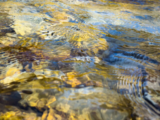 close-up of water surface with abstract reflections in gold and blue tones. gentle waves, calming natural texture. minimalist design