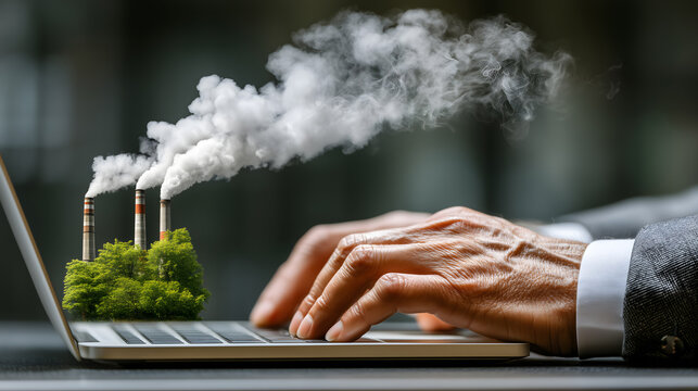 Carbon Footprint and Digital Pollution Concept &ndash; Hands Typing on Laptop with Industrial Emissions