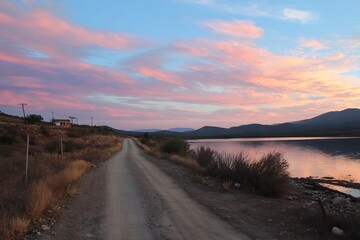 Peaceful evening drive along a shimmering sunset lake