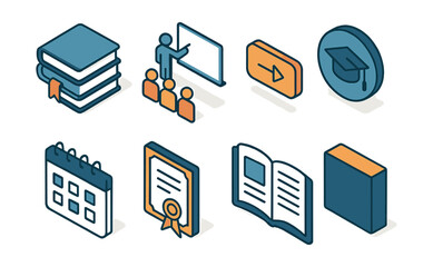 Comprehensive academic course flyer icons set – books, diploma, graduate, presentation