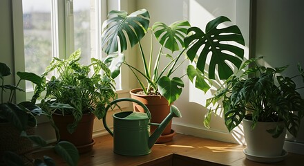 Indoor Plants in Sunlight with Watering Can on Wooden Surface