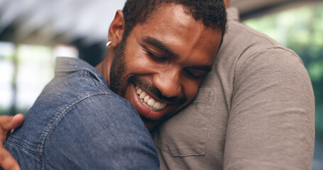 Home, hug and gay couple with care, smile and happy with relationship and romance or support. Trust, apartment and queer people with lgbtq, embrace and marriage for commitment or emotion with love