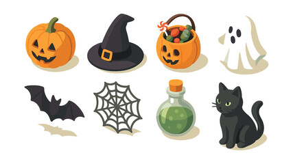 Halloween isometric icons set &ndash; pumpkin, witch hat, candy, ghost, bat, spiderweb, potion, black cat