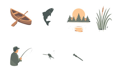 Serene riverbank icons set – boat, fish, sunrise, trees, reeds, fisherman, birds, dragonflies
