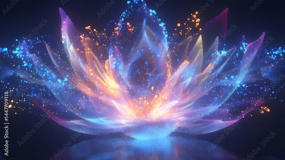 Aufkleber 光と粒子で表現された蓮の花のデジタルアート カラフルな輝きが美しい背景に浮かび上がる神秘的なイメージ