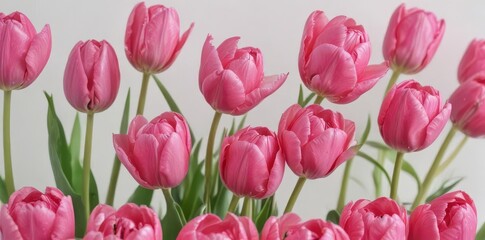 Fototapeta premium A cluster of vibrant pink tulips on a pristine white background , fresh, petals